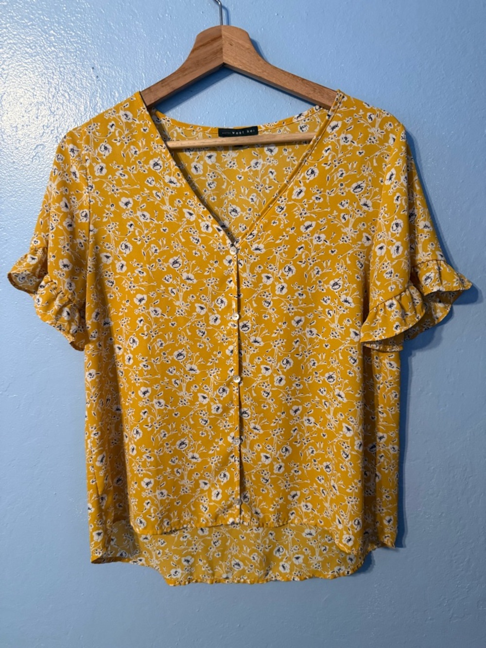 West Kei Mustard Floral V-Neck Flutter Sleeve Blouse